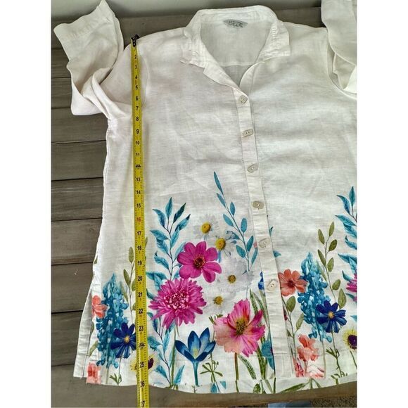 John Mark 100%‎ Linen Floral Border Wire Collar Button Front Size Large - Picture 12 of 12